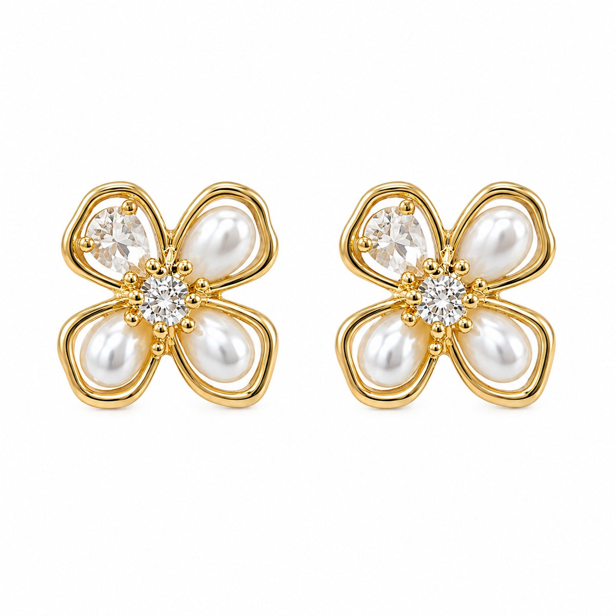 Brinco Flor Perola e Zirconia Dourado