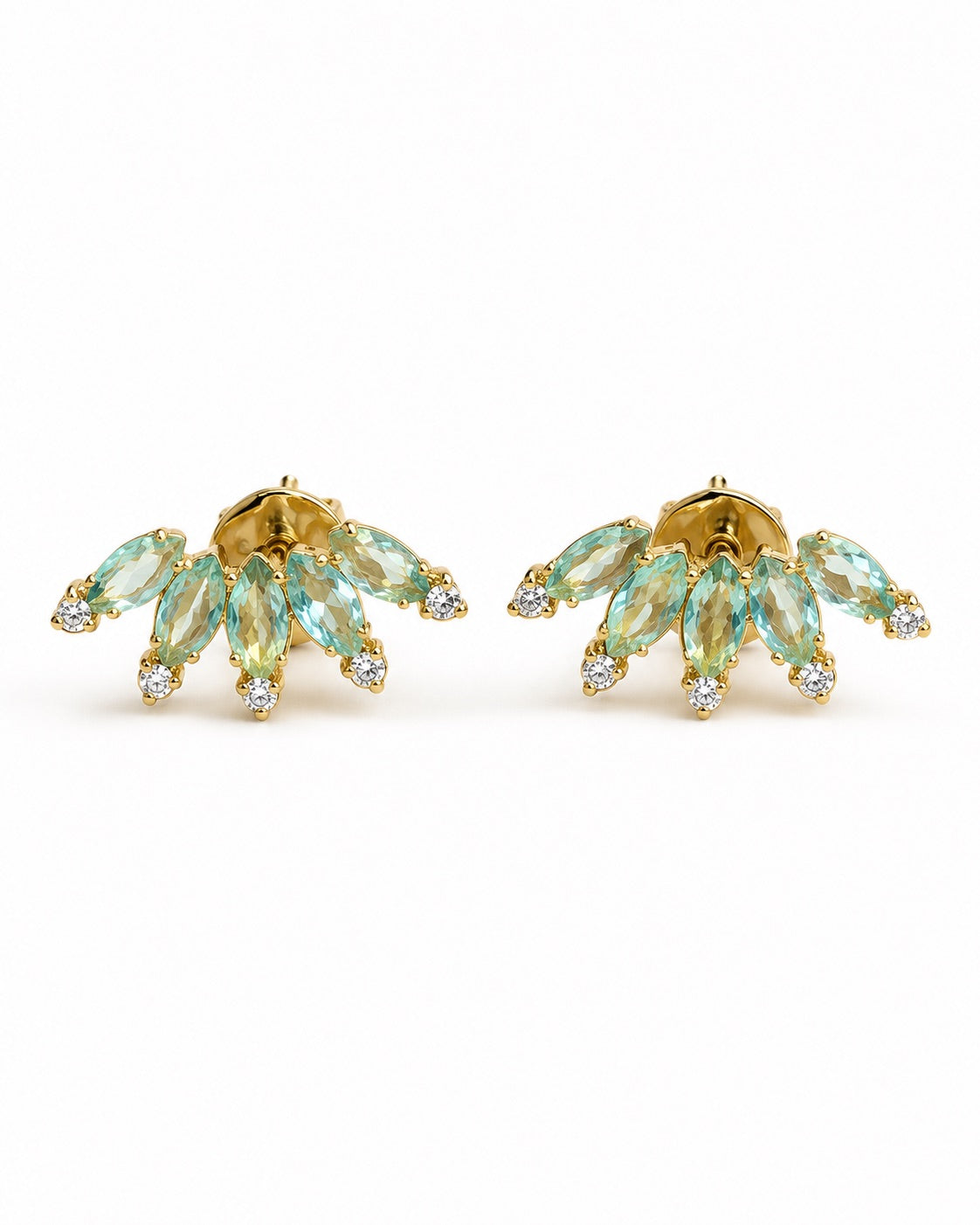 Brinco Leque Pedras Agua Marinha e Zirconia Dourado