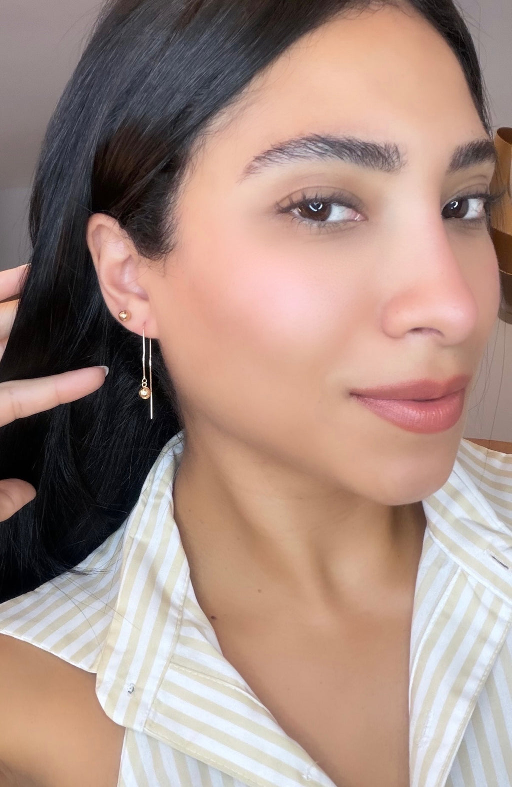 Brinco Agulha em Ouro 18k Ear Threader Corrente com Esfera