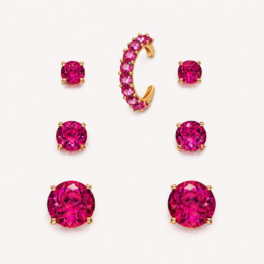 Trio Brinco zircônia Pink e piercing fake