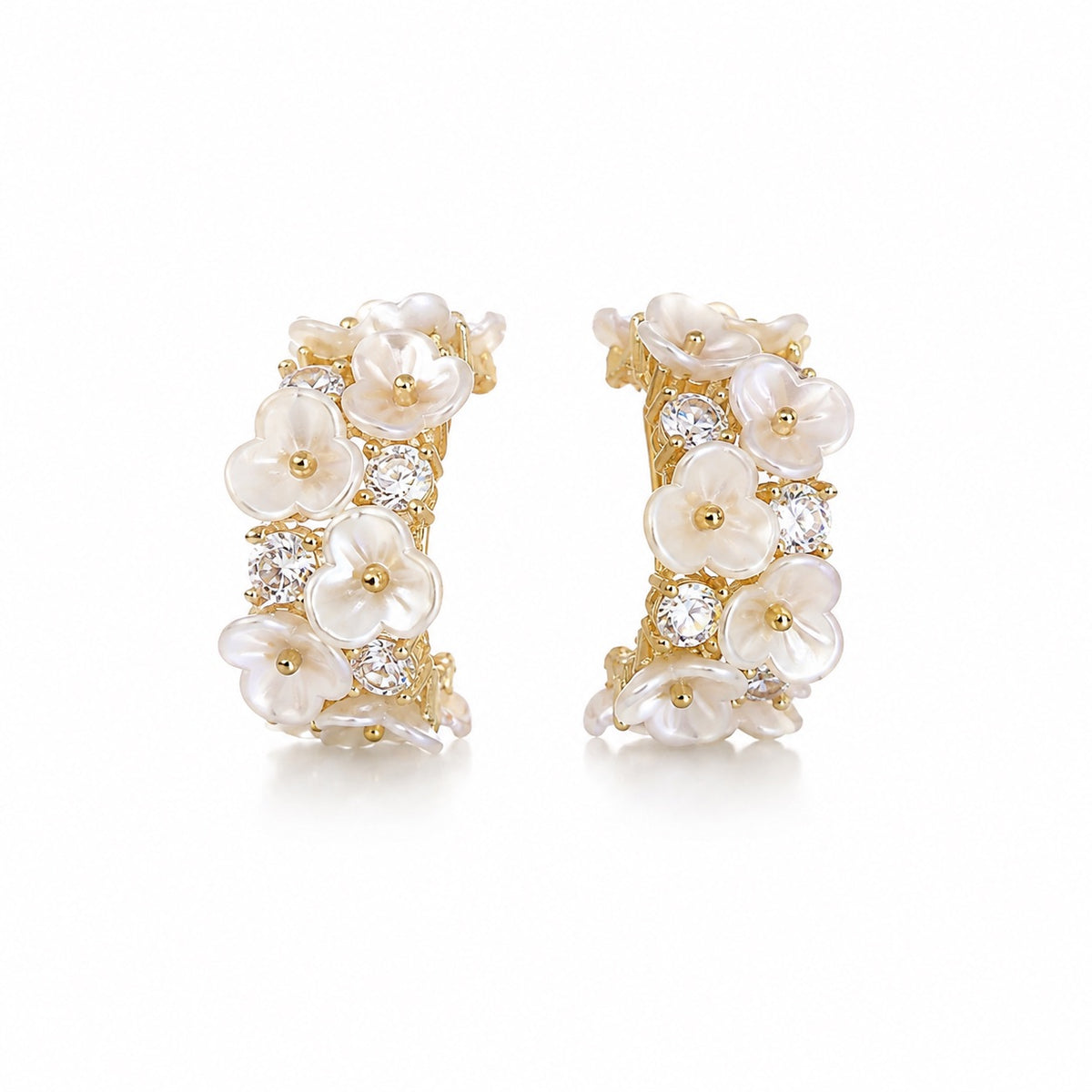 Brinco Argola Floral Madrepérola com Zircônias