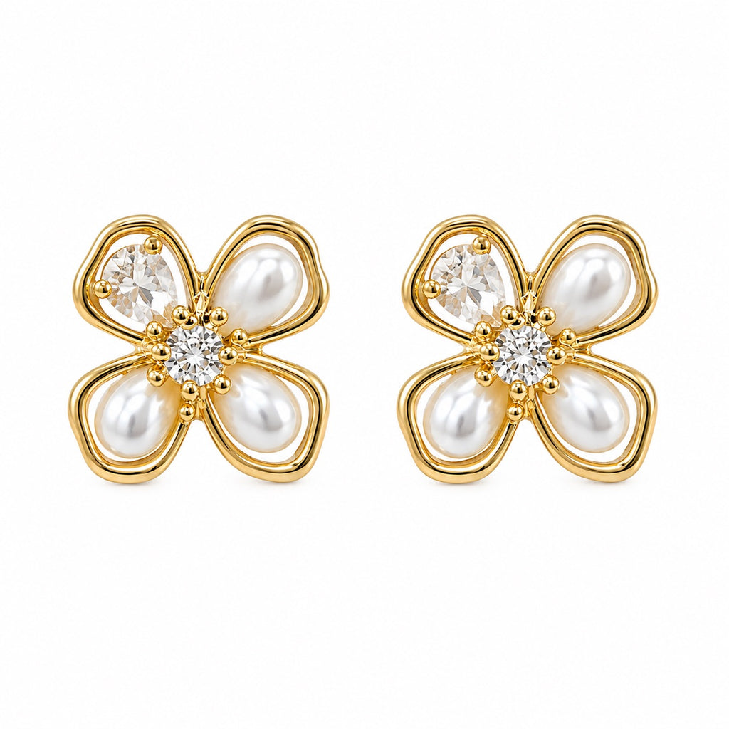 Brinco Flor Perola e Zirconia