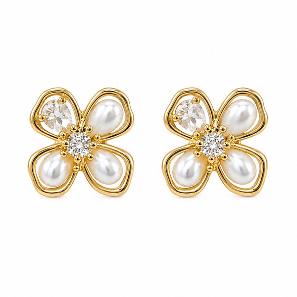 Brinco Flor Perola e Zirconia