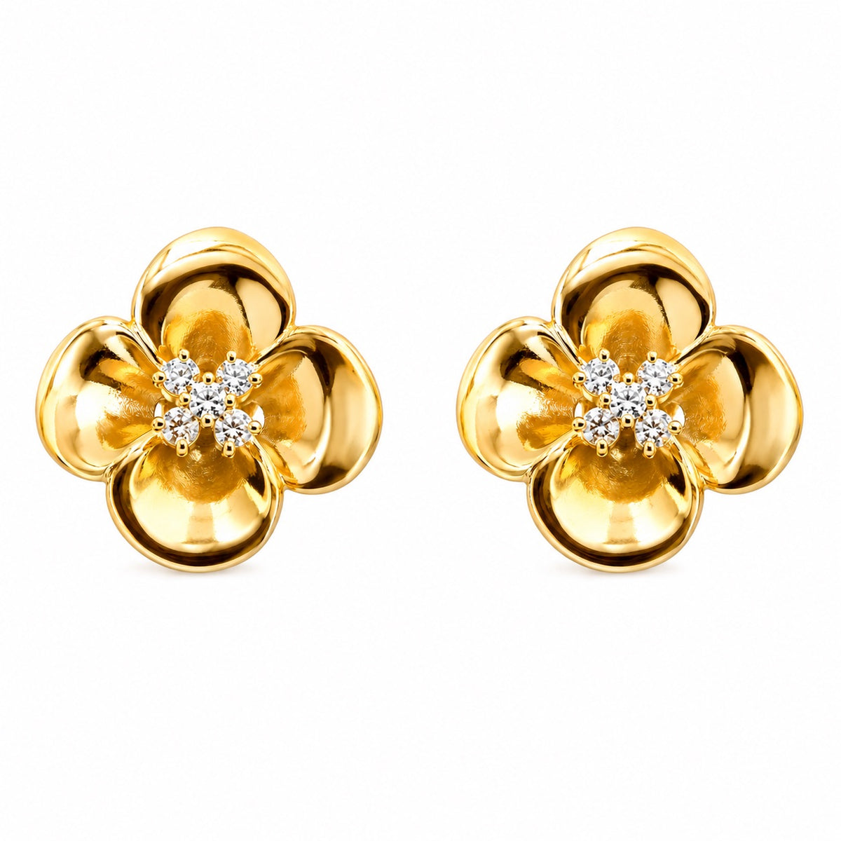 Brinco Flor Quatro Petalas Lisa e Zirconia Dourado