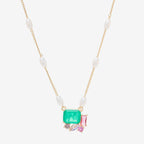 Colar Pérola Pingente Fusion Verde e Turmalina Rosa