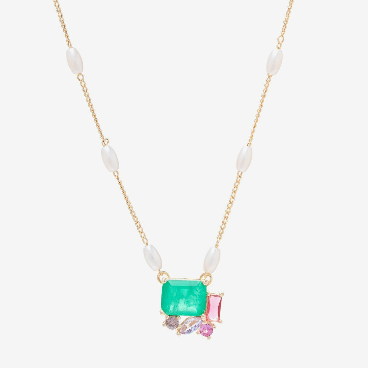 Colar Pérola Pingente Fusion Verde e Turmalina Rosa
