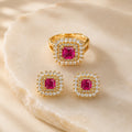 Conjunto Anel e Brinco Quadrado Pink com Zirconias