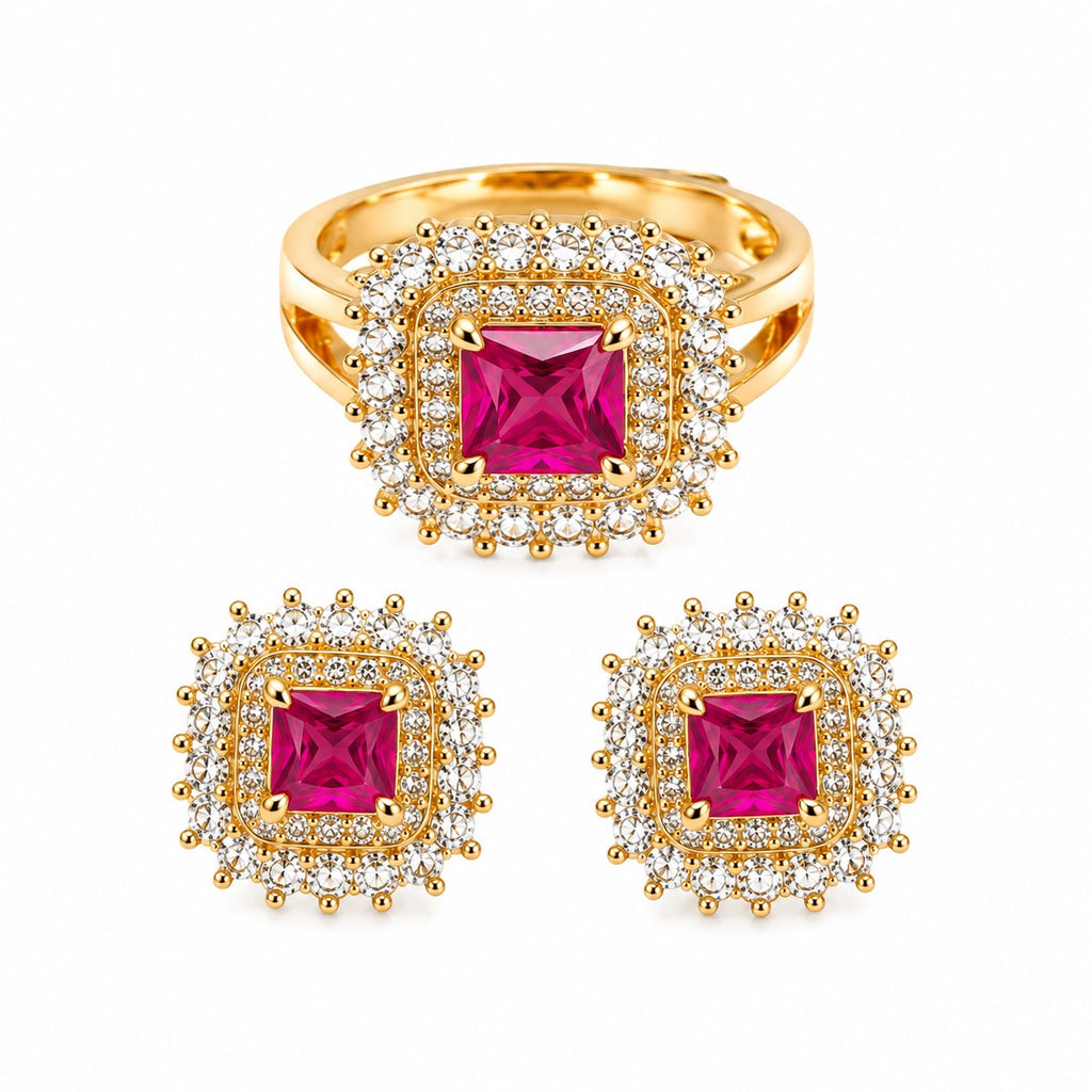 Conjunto Anel e Brinco Quadrado Pink com Zirconias