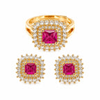 Conjunto Anel e Brinco Quadrado Pink com Zirconias