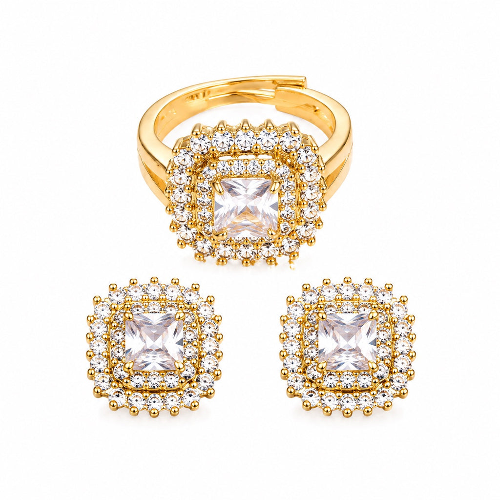 Conjunto Anel e Brinco Quadrado Zirconia Cristal