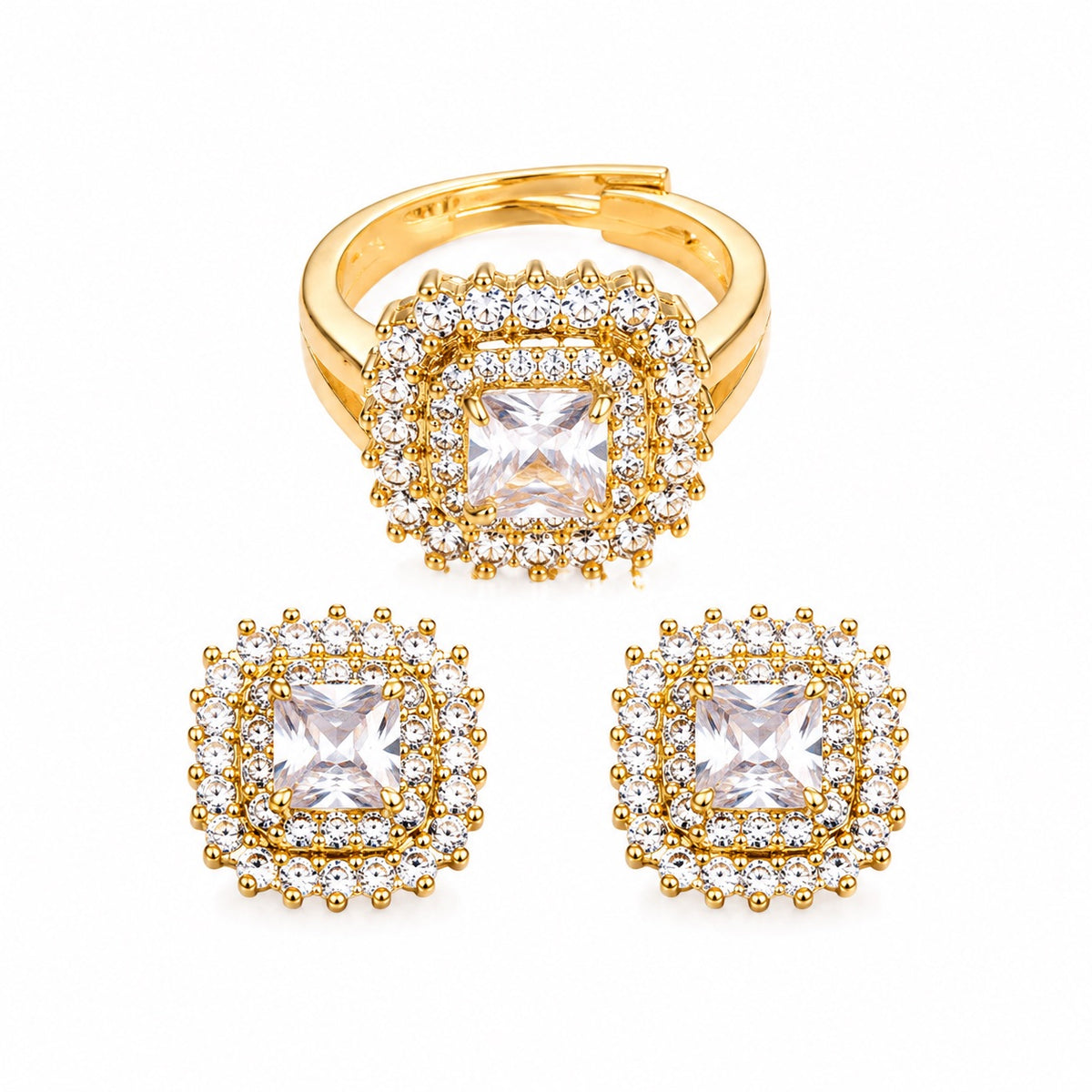 Conjunto Anel e Brinco Quadrado Zirconia Cristal