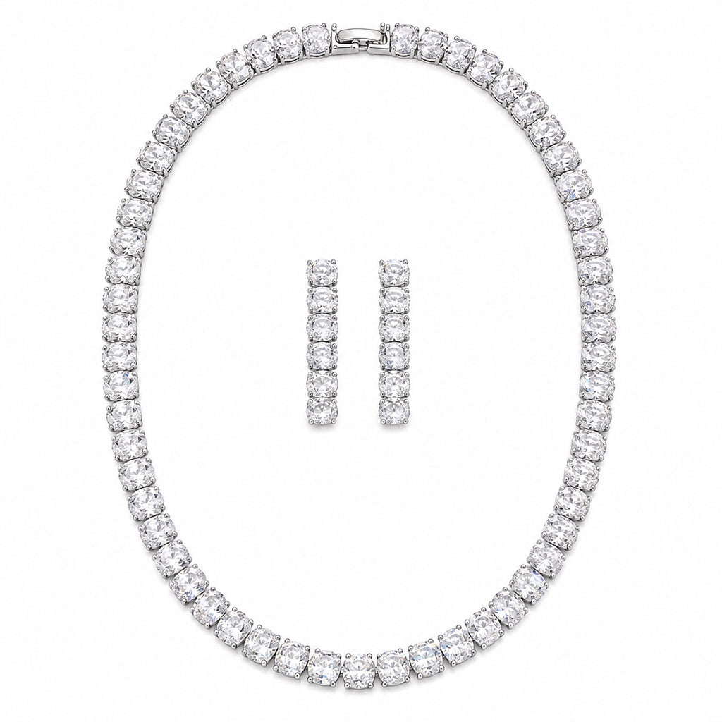 Conjunto Colar Riviera e Brinco Zirconia Cristal Baguete