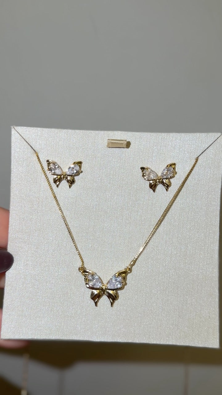 Conjunto Colar e Brinco Borboleta Zircônia Cristal