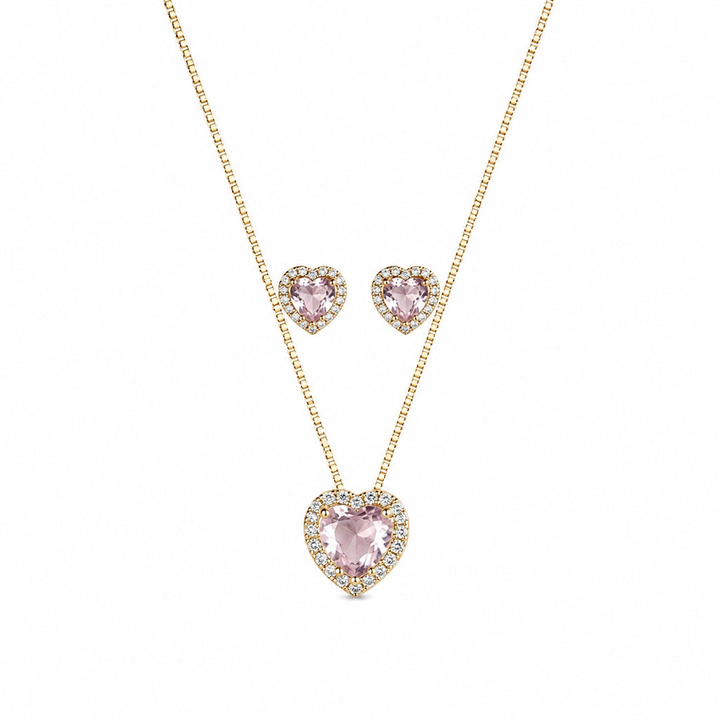 Conjunto Colar e Brinco Coração Rosa Cravejado