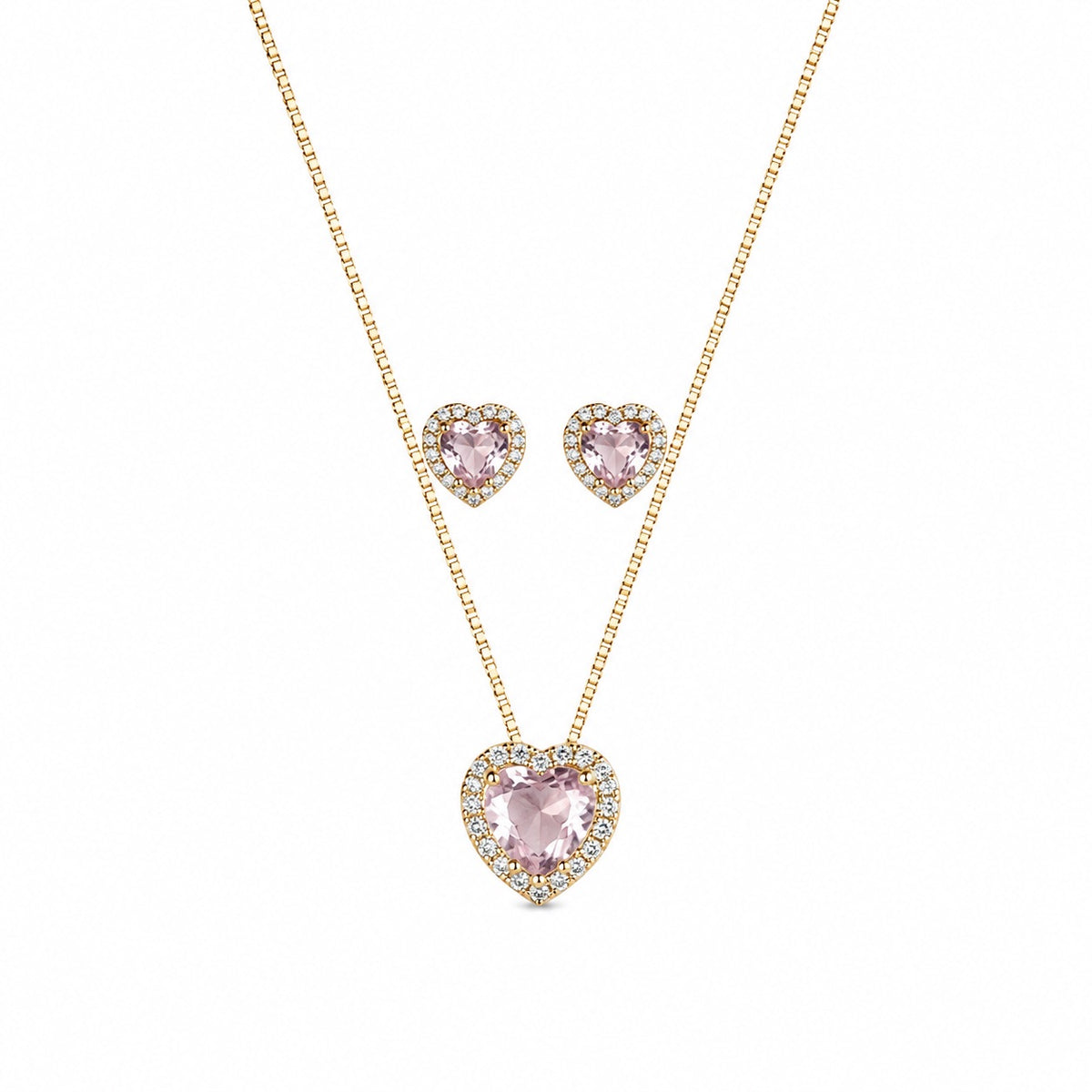 Conjunto Colar e Brinco Coração Rosa Cravejado