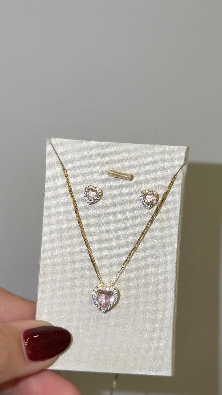 Conjunto Colar e Brinco Coração Rosa Cravejado