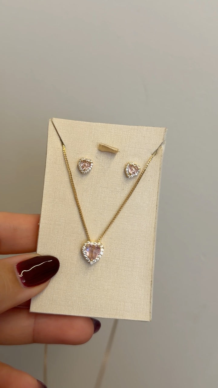 Conjunto Colar e Brinco Coração Rosa Cravejado