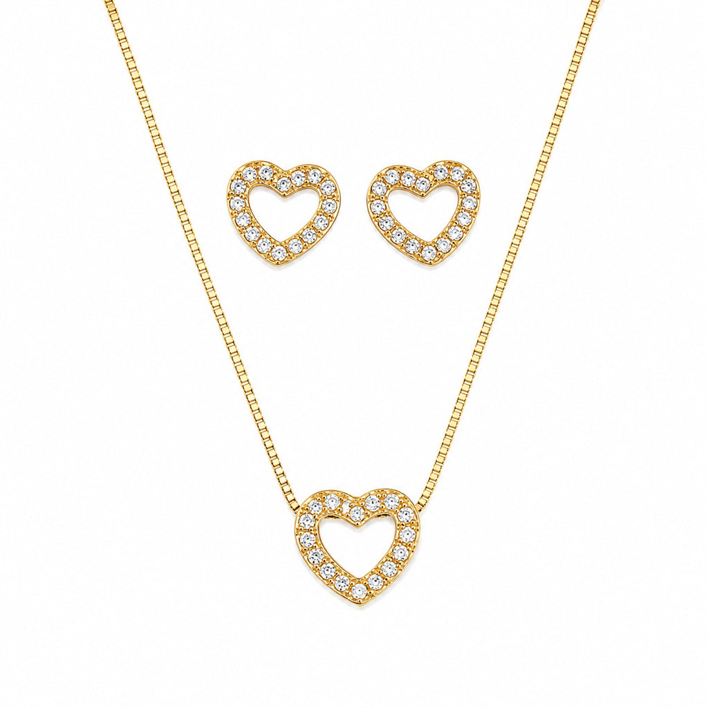 Conjunto Colar e Brinco Coração Vazado Cravejado