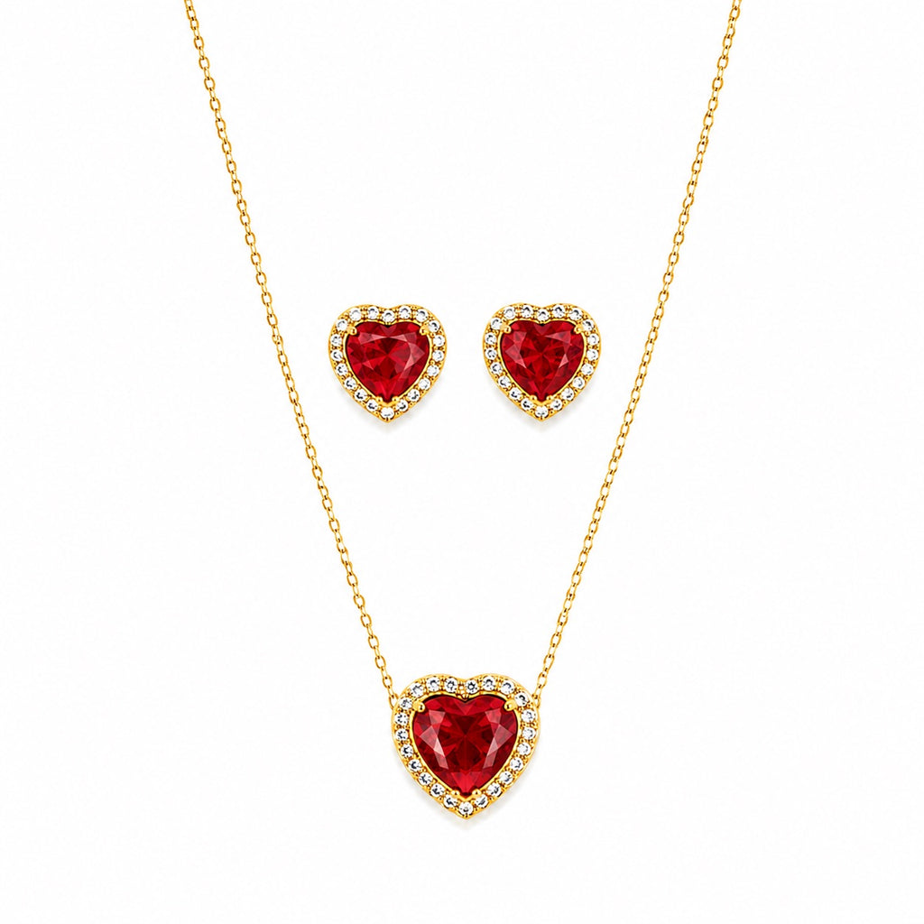 Conjunto Colar e Brinco Coração Vermelho Rubi Cravejado
