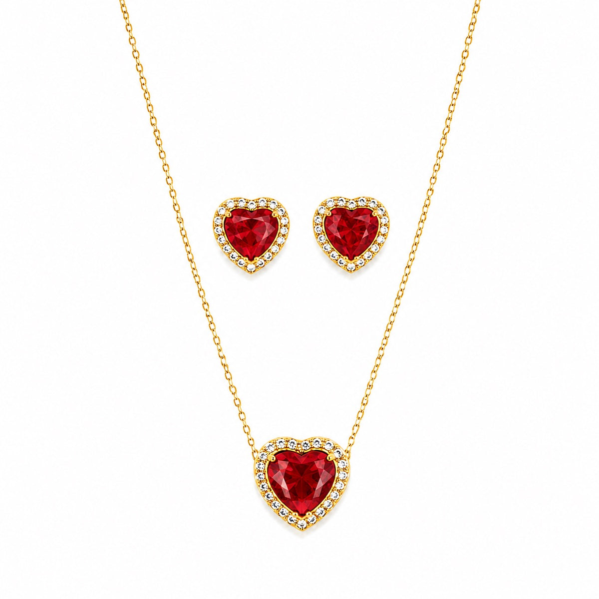 Conjunto Colar e Brinco Coração Vermelho Rubi Cravejado