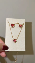 Conjunto Colar e Brinco Coração Vermelho Rubi Cravejado