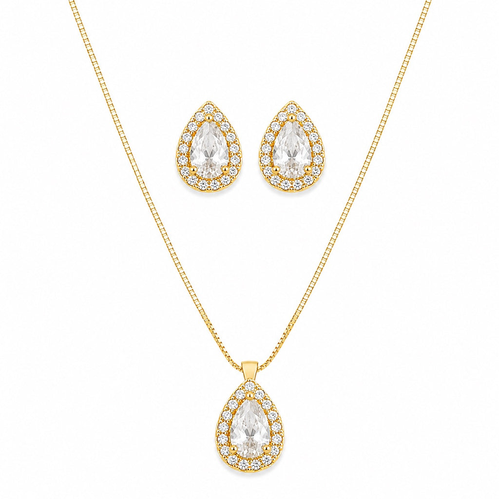 Conjunto Colar e Brinco Gota Zircônia Cristal