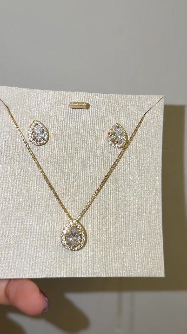 Conjunto Colar e Brinco Gota Zircônia Cristal