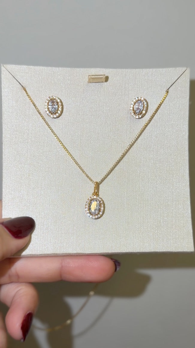 Conjunto Colar e Brinco Oval Zircônia Cristal