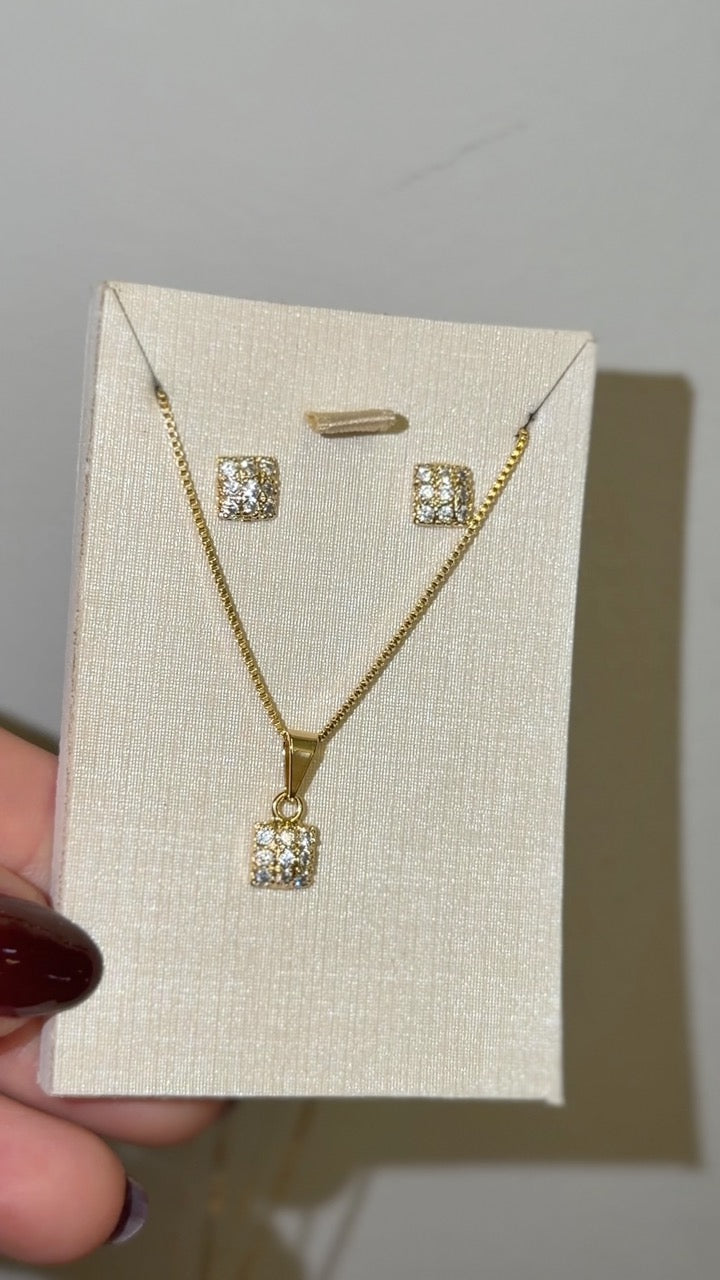 Conjunto Colar e Brinco Quadrado Zircônia