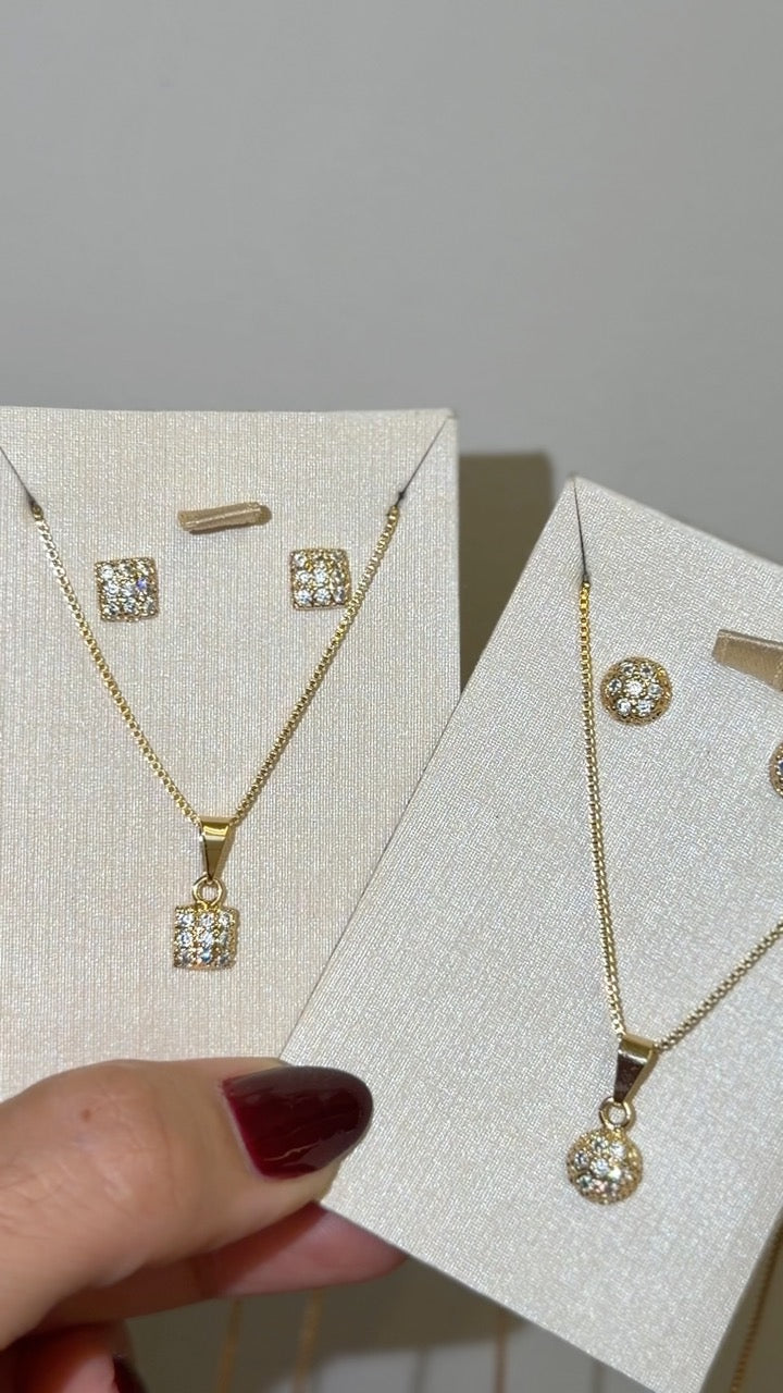 Conjunto Colar e Brinco Quadrado Zircônia