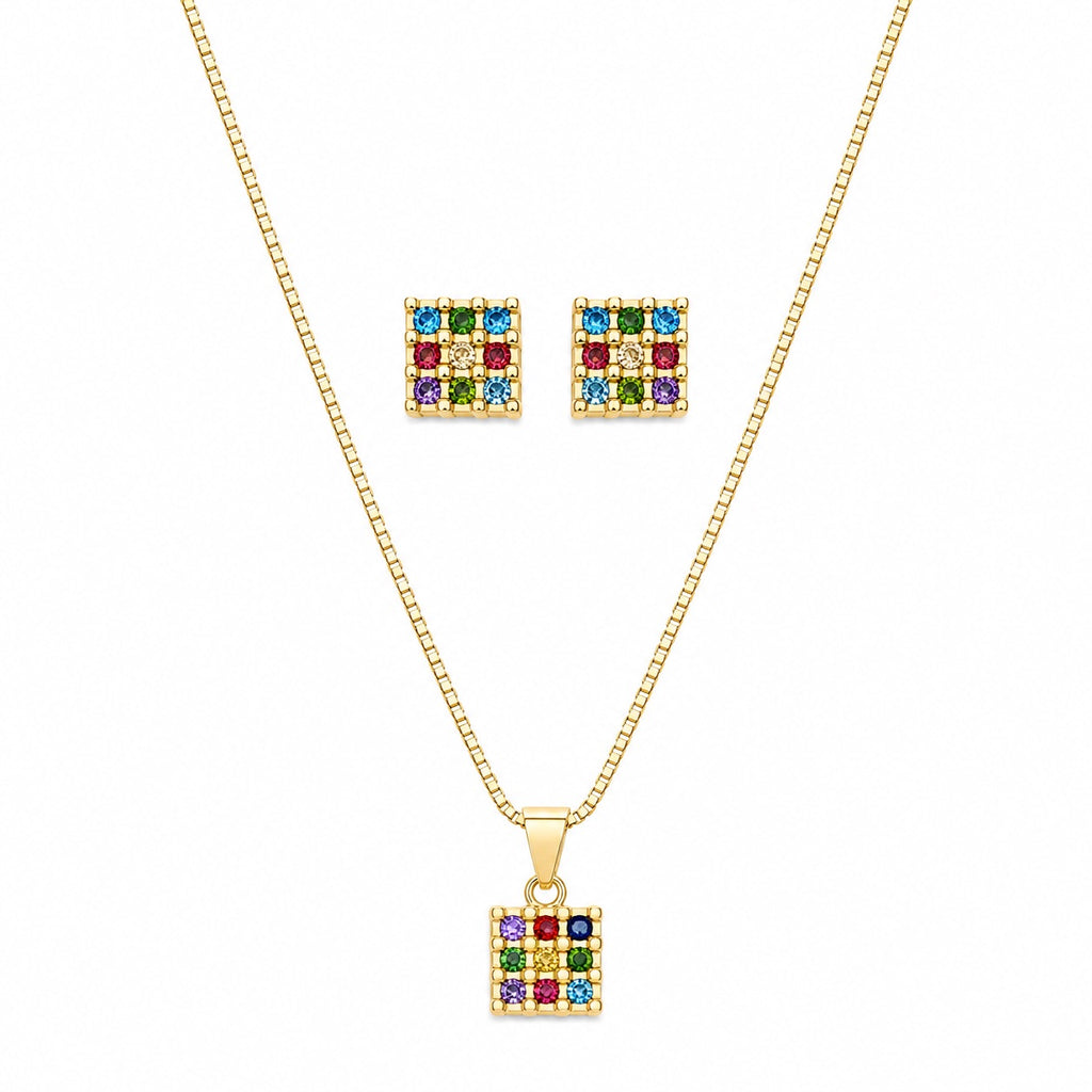Conjunto Colar e Brinco Quadrado Zirconias Coloridas