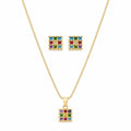 Conjunto Colar e Brinco Quadrado Zirconias Coloridas