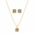 Conjunto Colar e Brinco Quadrado Zirconias Coloridas