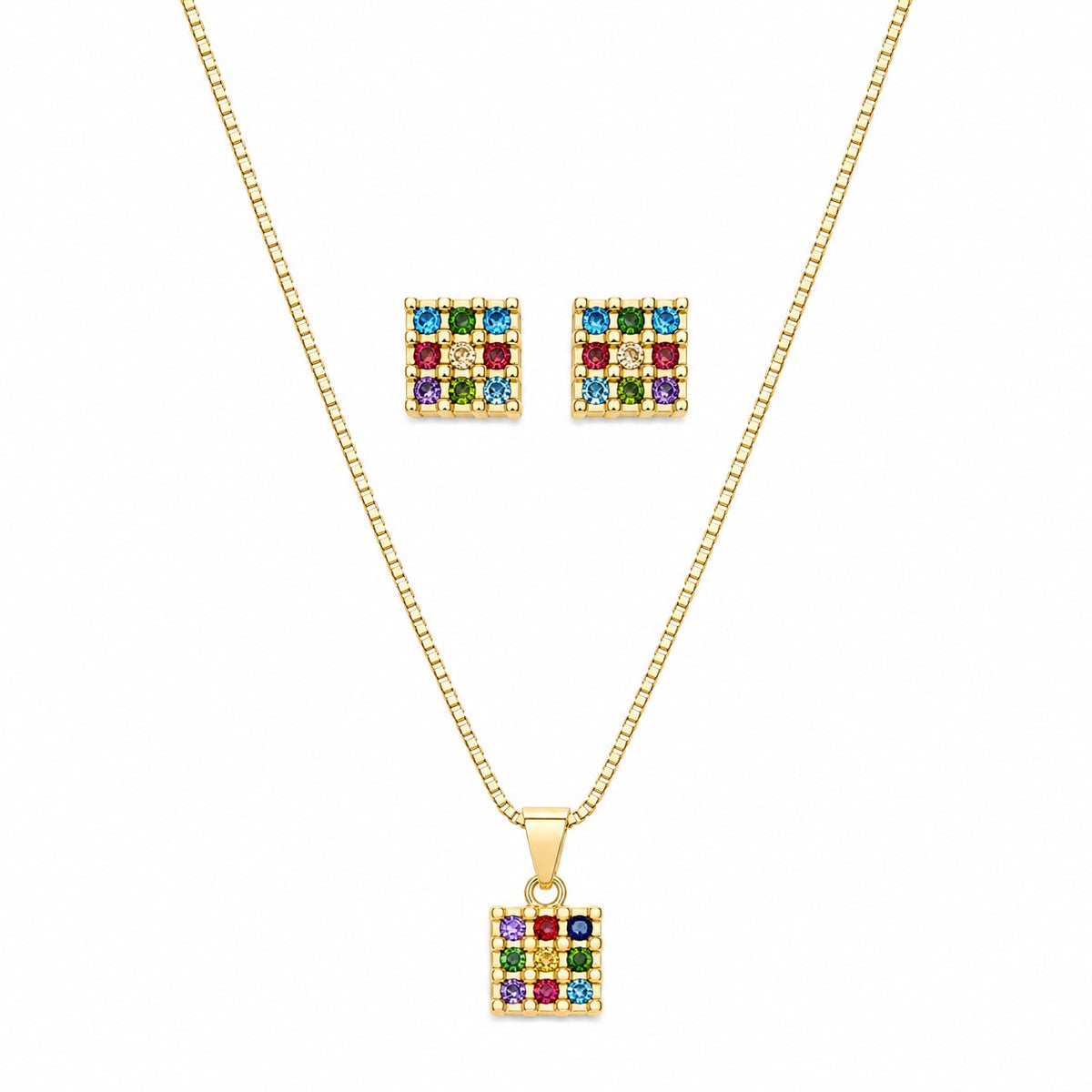 Conjunto Colar e Brinco Quadrado Zirconias Coloridas