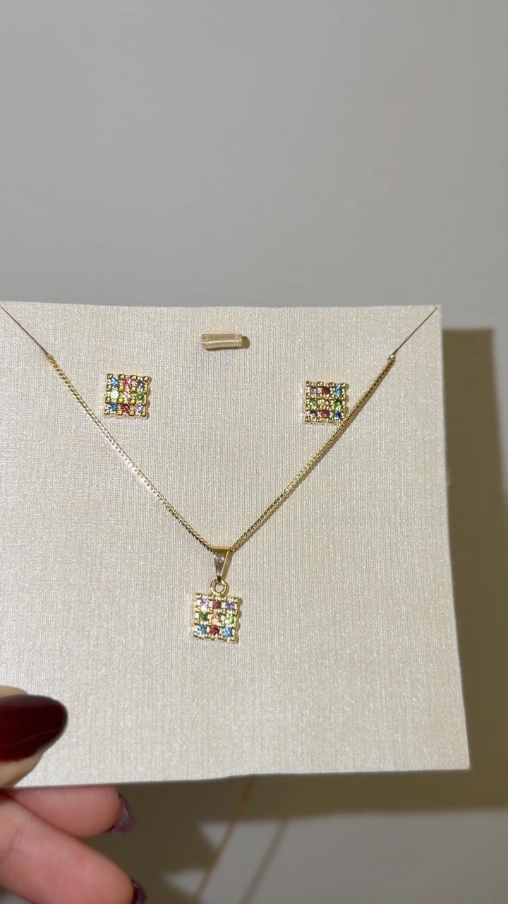 Conjunto Colar e Brinco Quadrado Zirconias Coloridas