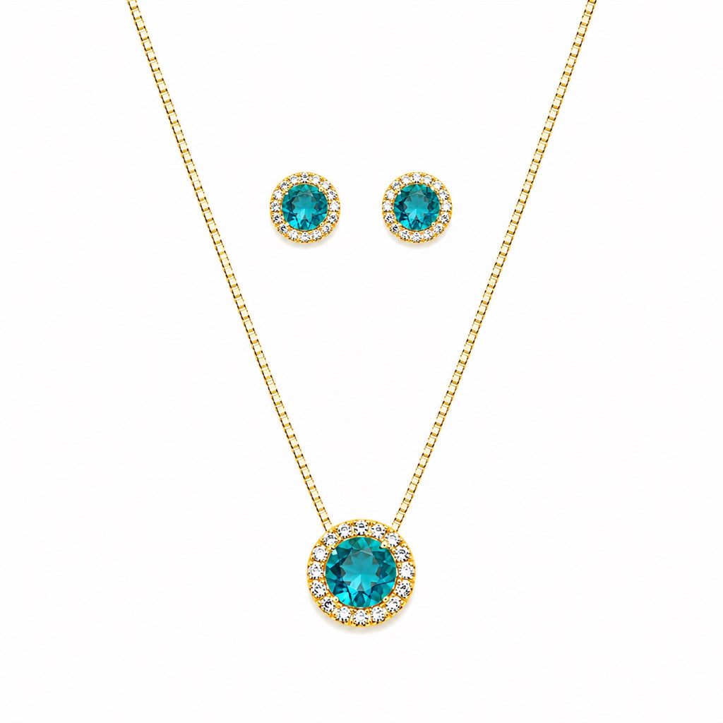 Conjunto Colar e Brinco Redondo Azul Turquesa Cravejado