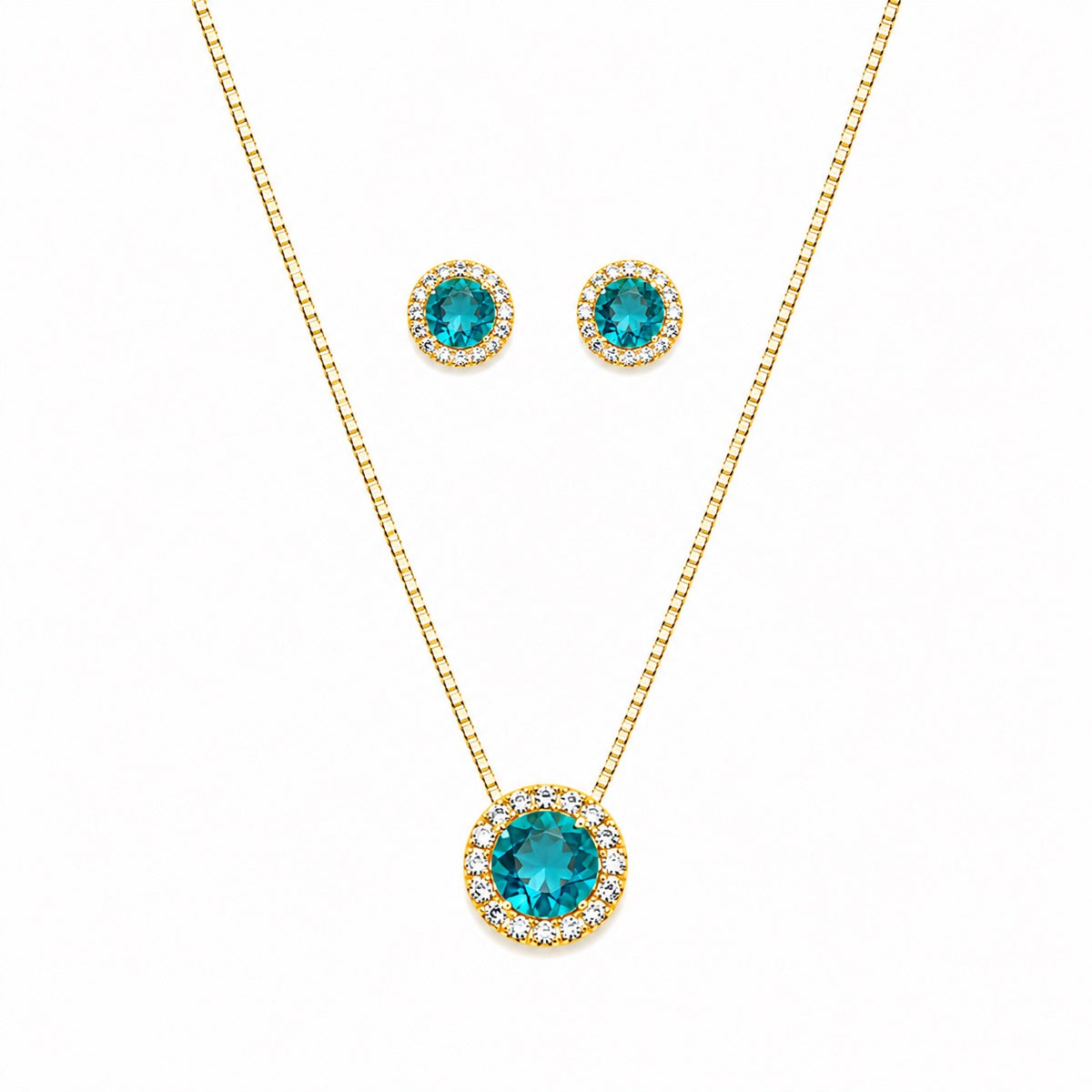 Conjunto Colar e Brinco Redondo Azul Turquesa Cravejado