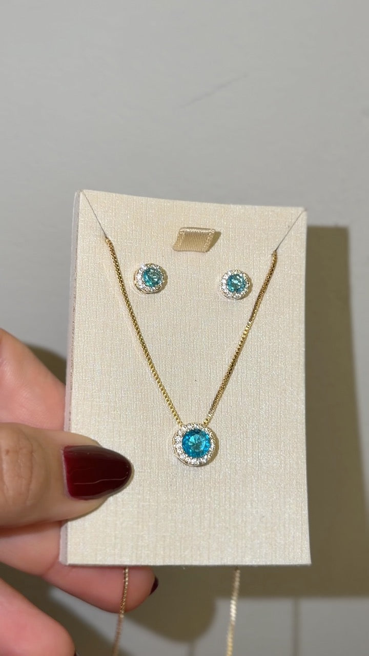 Conjunto Colar e Brinco Redondo Azul Turquesa Cravejado