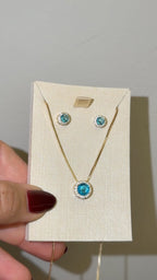 Conjunto Colar e Brinco Redondo Azul Turquesa Cravejado