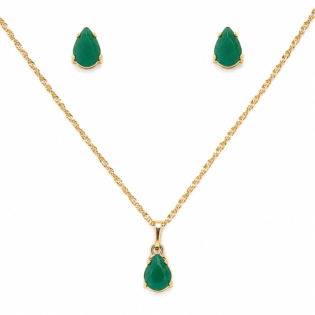 Conjunto Ouro 18k Colar e Brinco Gota Pedra Natural Ágata Verde