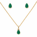 Conjunto Ouro 18k Colar e Brinco Gota Pedra Natural Ágata Verde