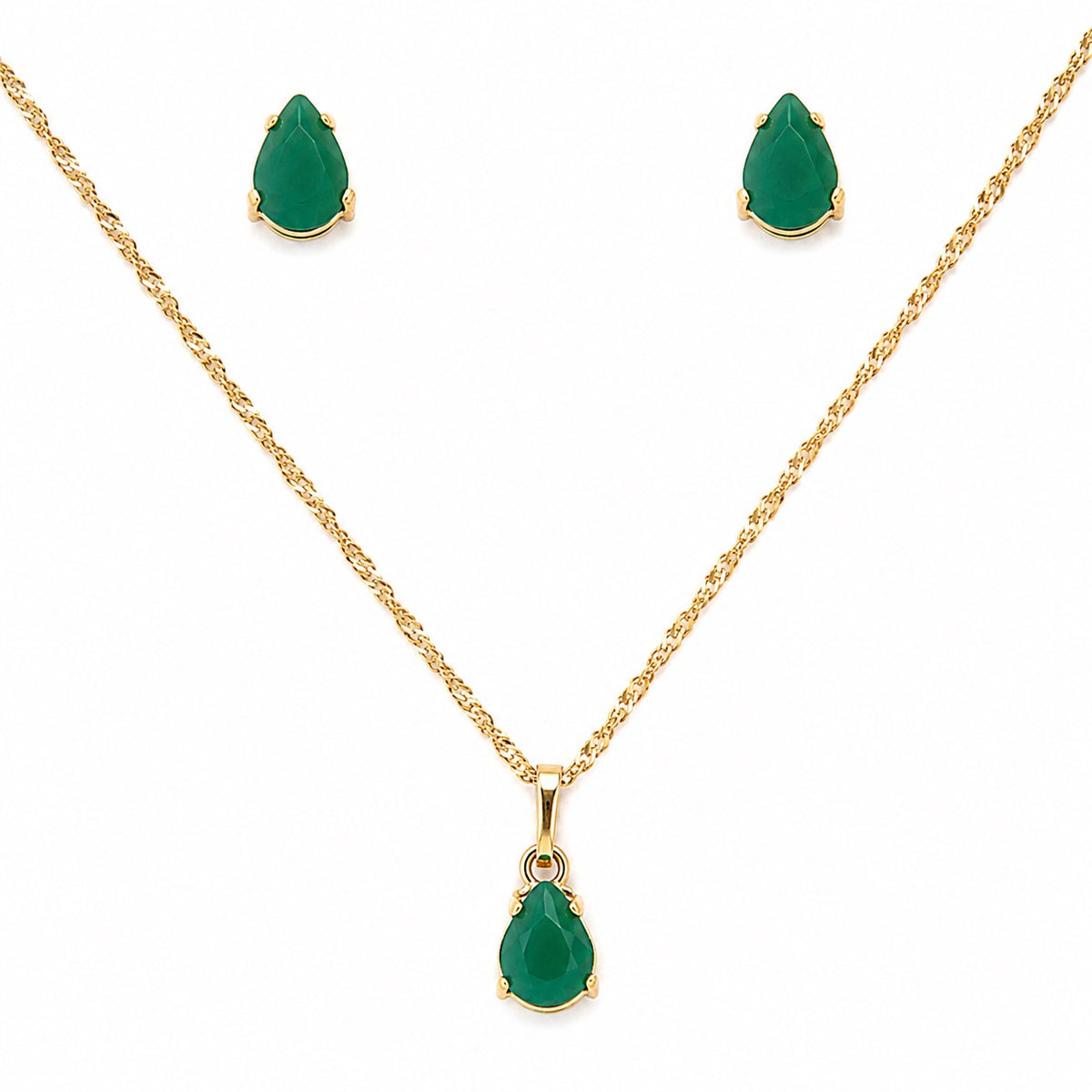 Conjunto Ouro 18k Colar e Brinco Gota Pedra Natural Ágata Verde