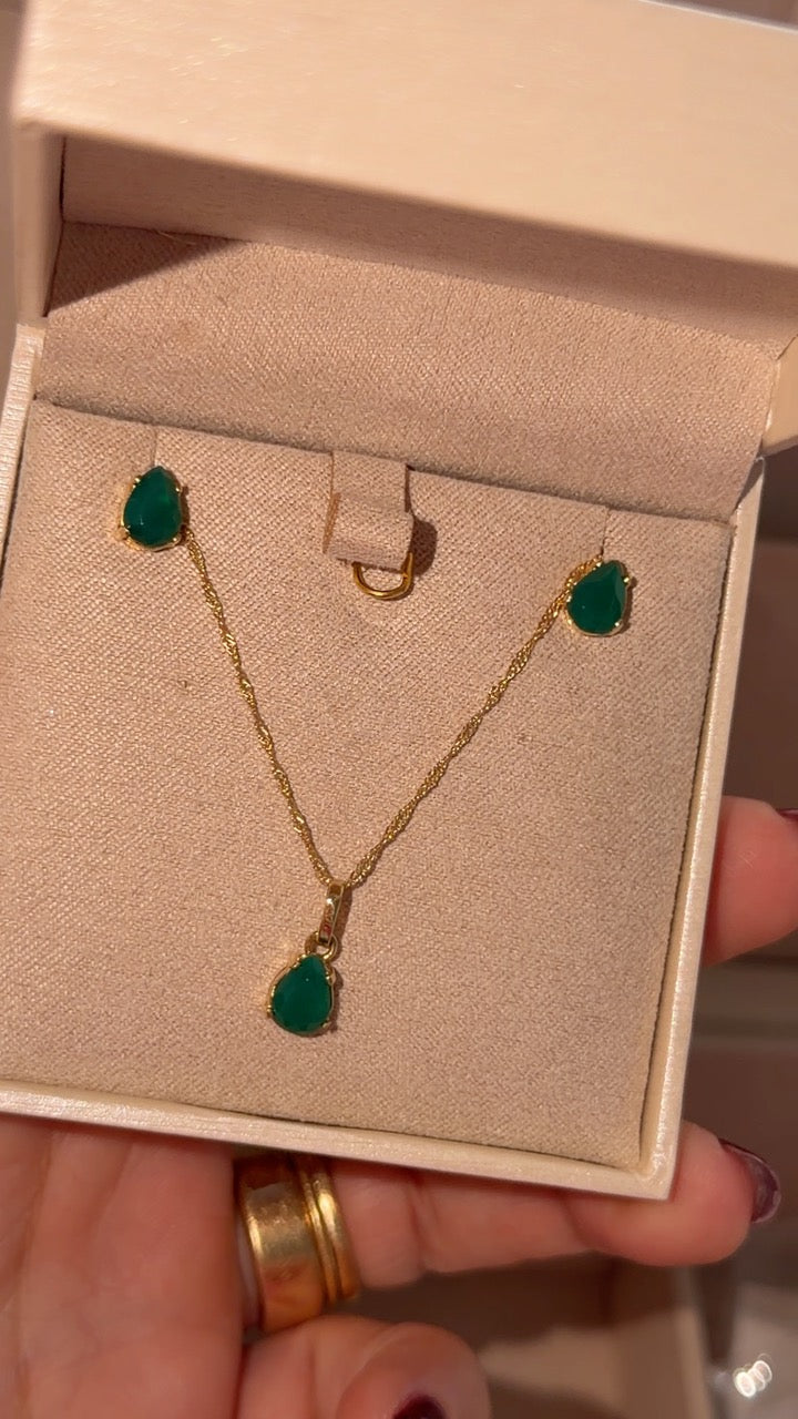 Conjunto Ouro 18k Colar e Brinco Gota Pedra Natural Ágata Verde