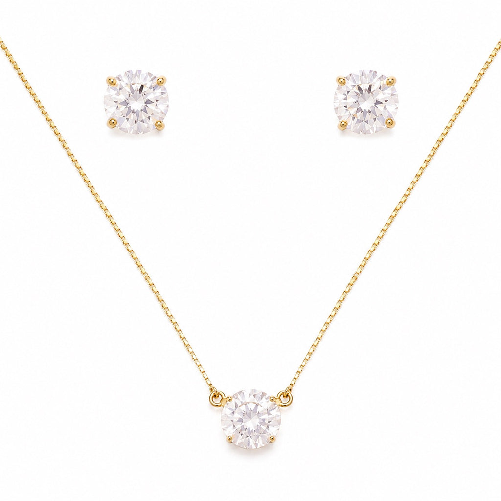 Conjunto Ouro 18k Colar e Brinco Ponto de Luz Zirconia