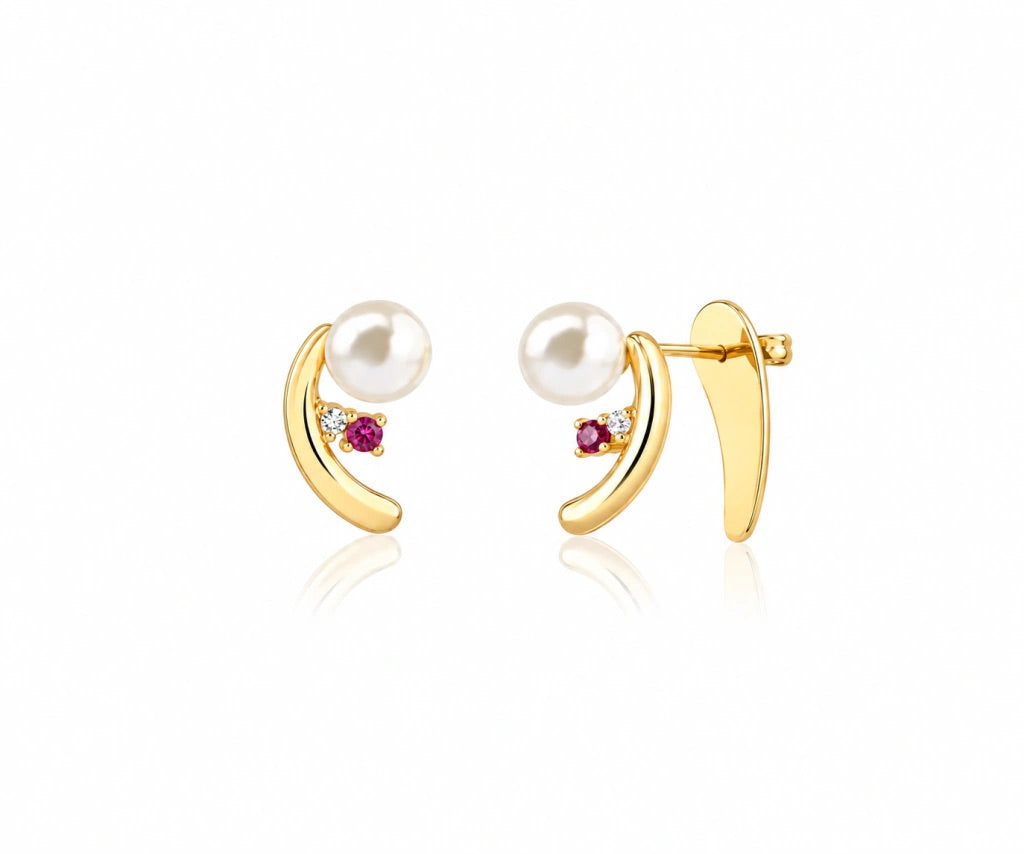 Brinco Ear Cuff Pérola e Pedra Pink
