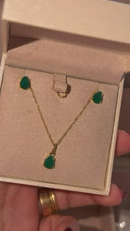 Conjunto Ouro 18k Colar e Brinco Gota Pedra Natural Ágata Verde